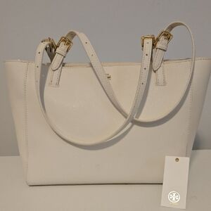 Tory Burch Ivory Structured Tote Bag with Gold Hardware